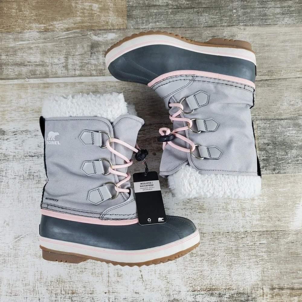 Sorel Yoot Pac Nylon Kids Snow Boots Sz 1 Dove Gum Gray Leather Waterproof